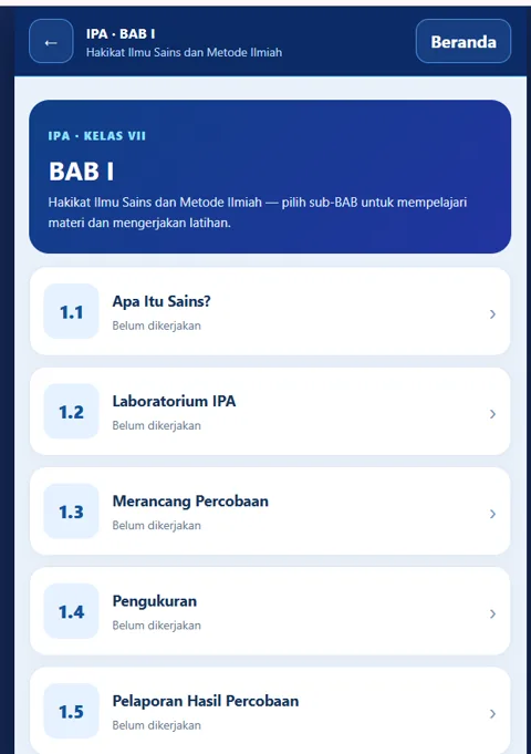 Screenshot asli aplikasi: Daftar BAB IPA