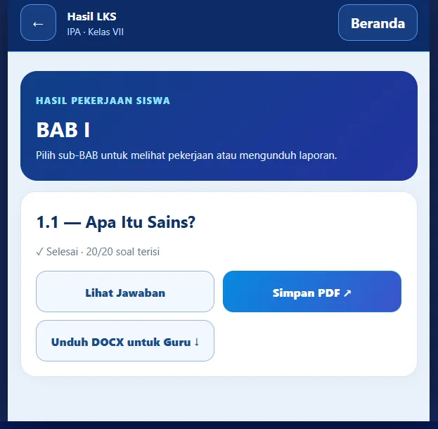 Screenshot asli SINTESA: Menu Hasil LKS — simpan PDF / unduh DOCX