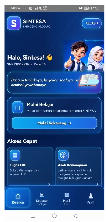 Beranda SINTESA menampilkan akses cepat ke Tugas LKS dan Asah Kemampuan
