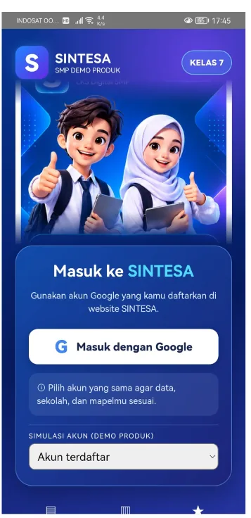 Layar login demo SINTESA Kelas 7