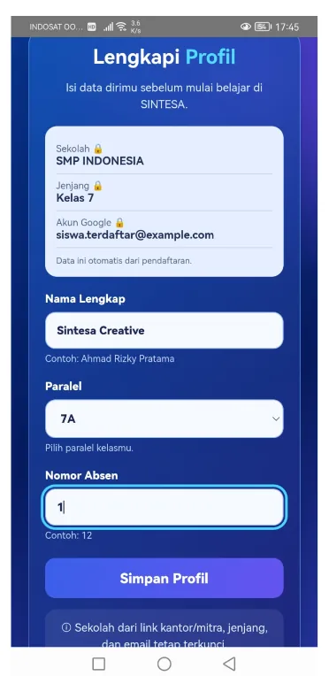 Formulir Lengkapi Profil siswa di aplikasi SINTESA