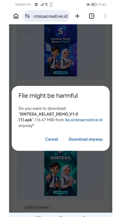 Peringatan Chrome saat mengunduh APK SINTESA dari subdomain resmi